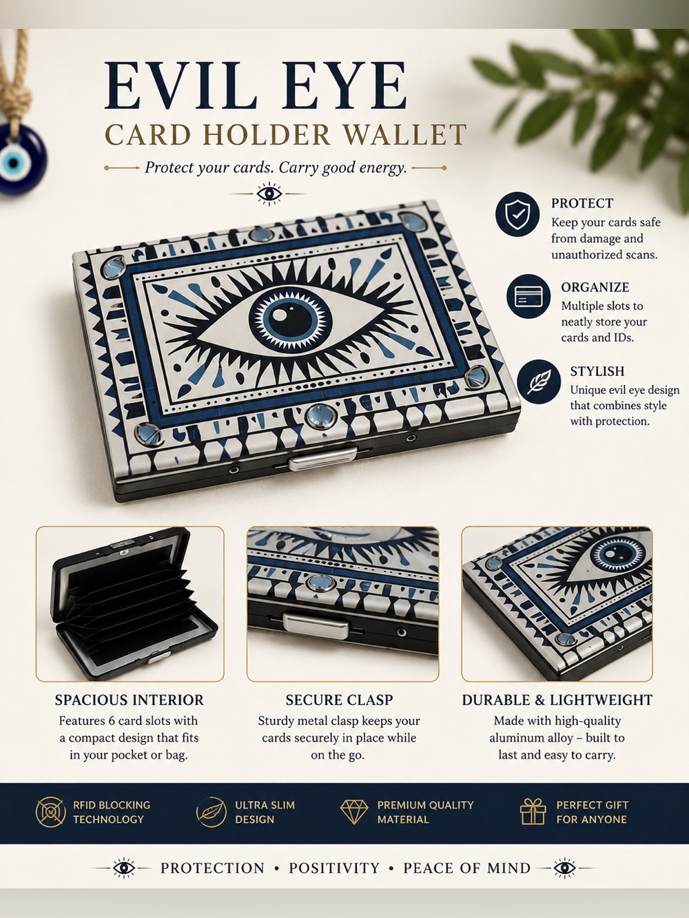 Evil Eye Card Holder Wallet - Blue & White